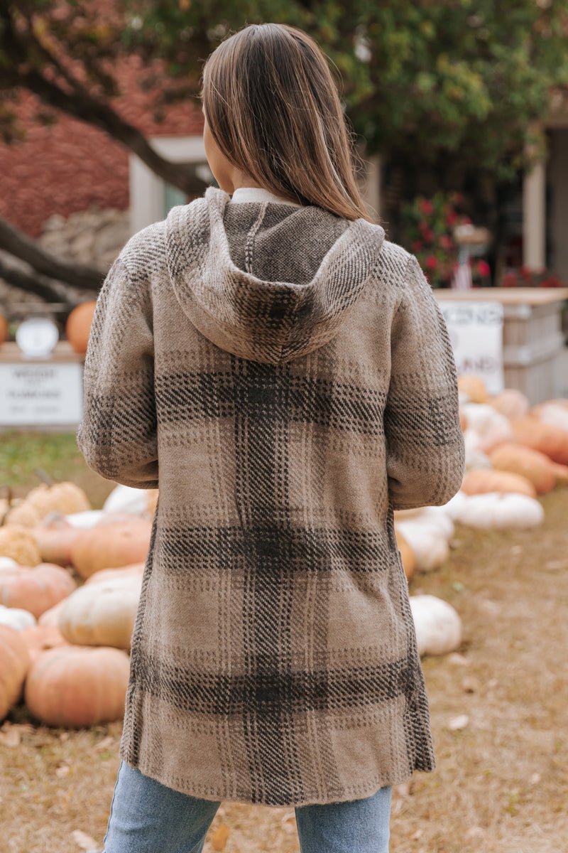 Taupe Plaid Hooded Open Knit Coat - Magnolia Boutique
