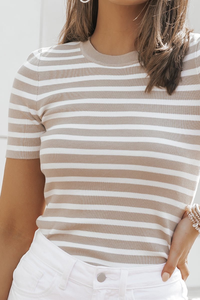 Taupe Short Sleeve Striped Sweater | Pre Order - Magnolia Boutique