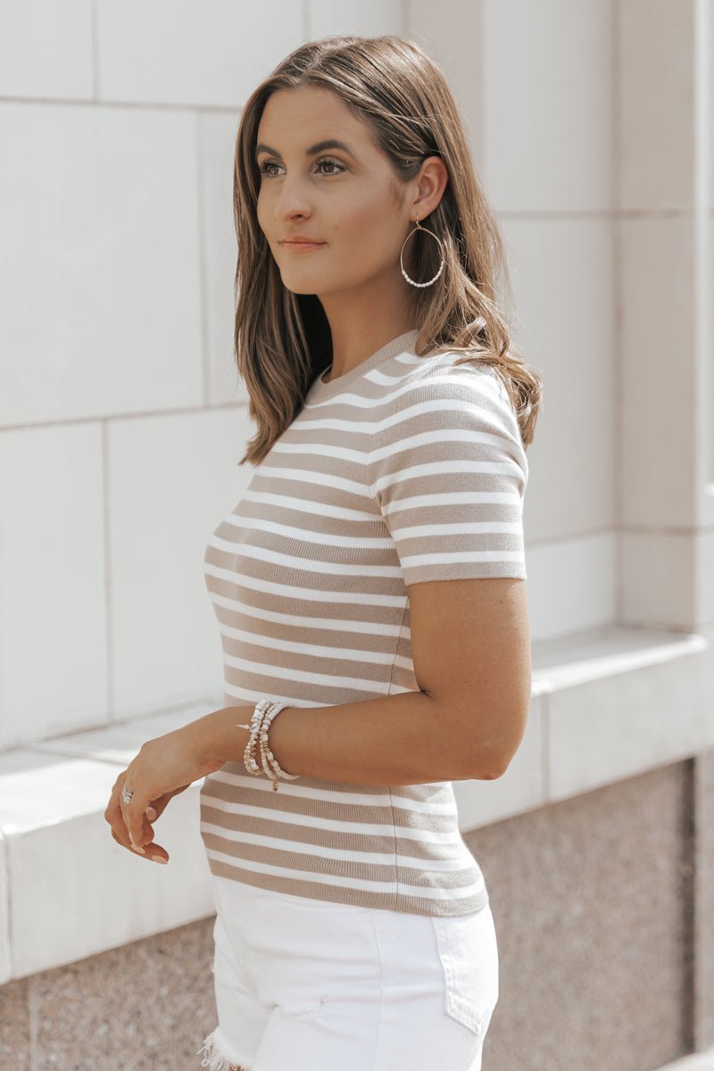 Taupe Short Sleeve Striped Sweater | Pre Order - Magnolia Boutique