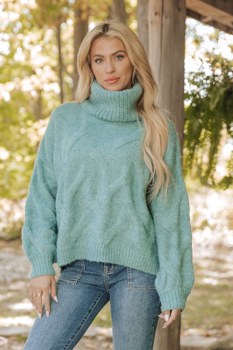 Teal Cable Knit Turtleneck Sweater - Magnolia Boutique