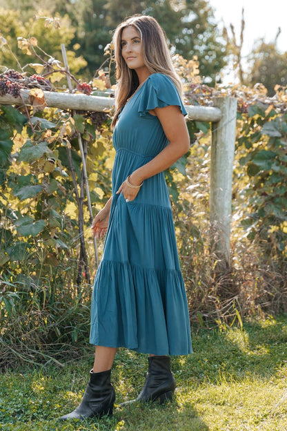 Teal Flutter Sleeve Tiered Midi Dress - Magnolia Boutique