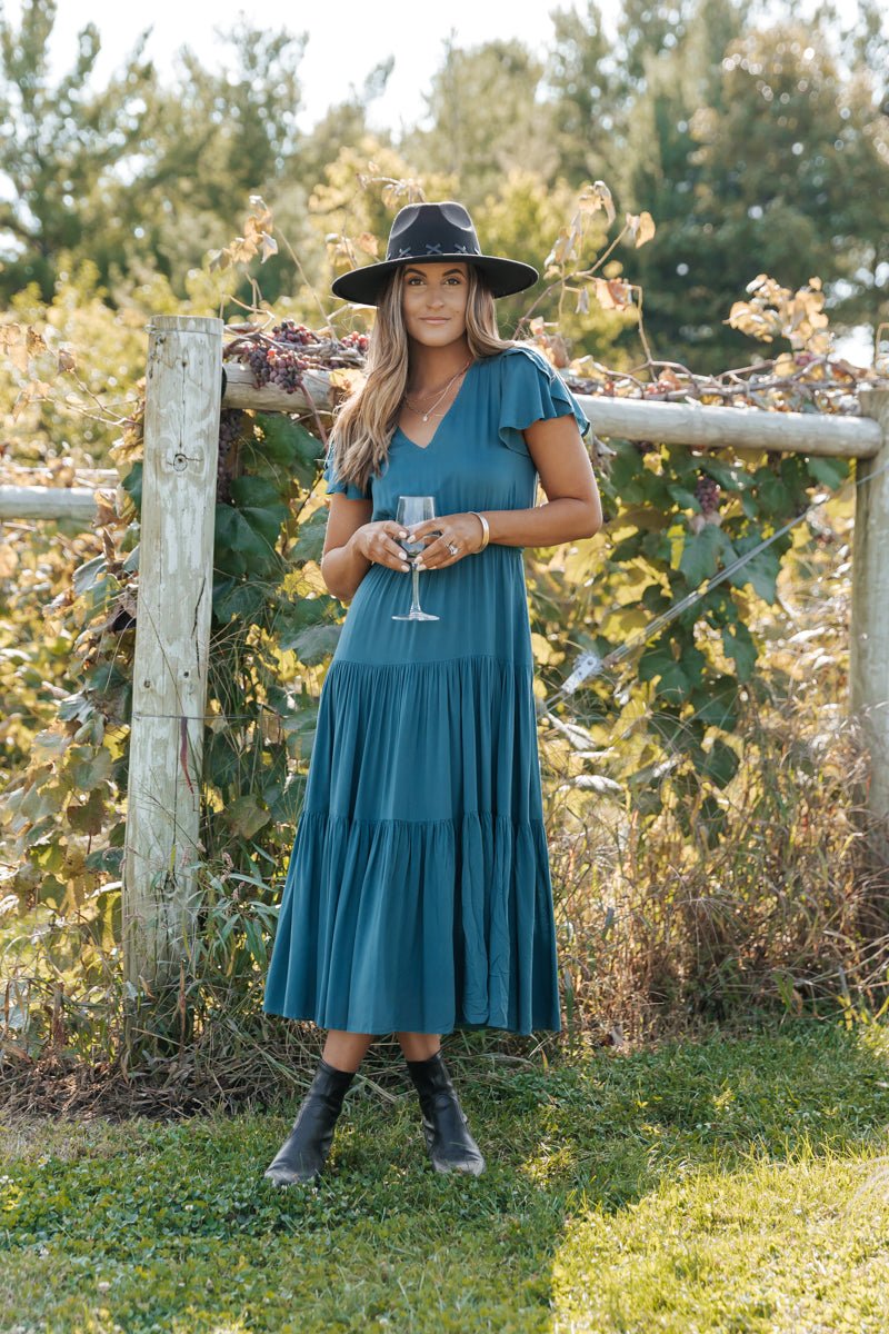 Teal Flutter Sleeve Tiered Midi Dress - Magnolia Boutique