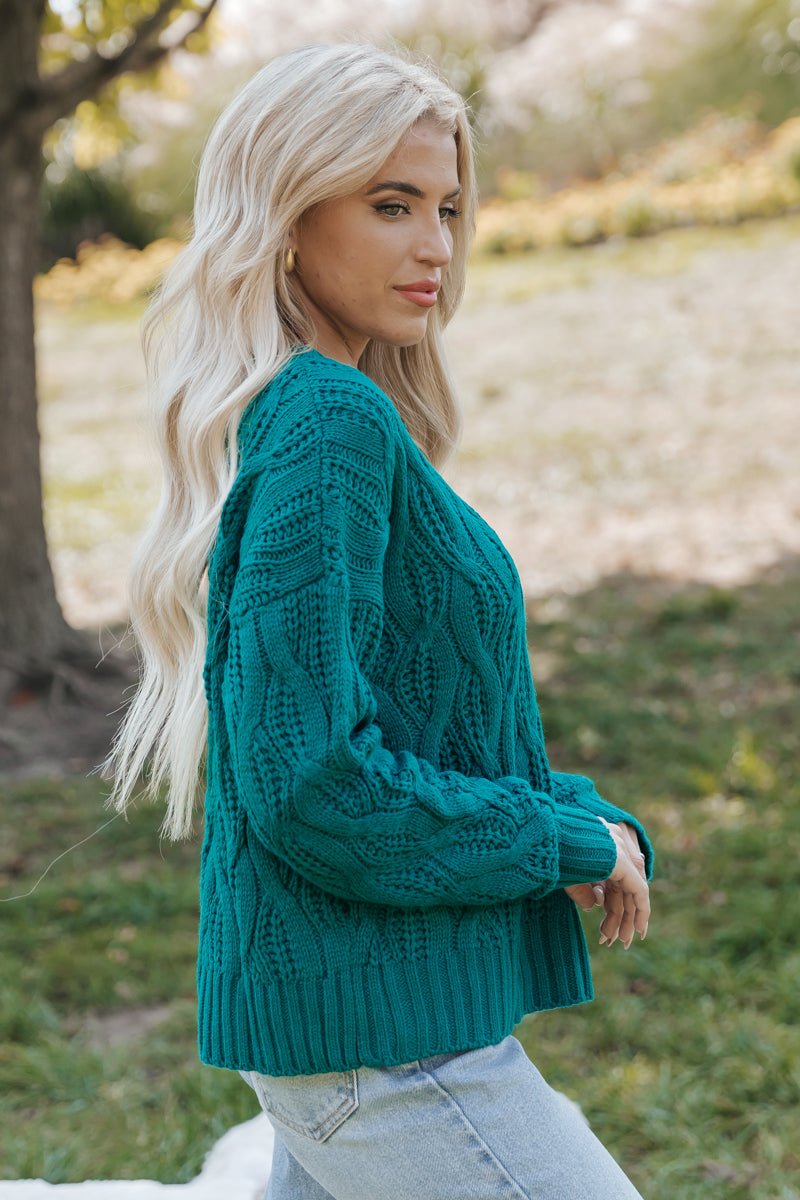 Teal Ribbed Cable Knit Sweater - Magnolia Boutique