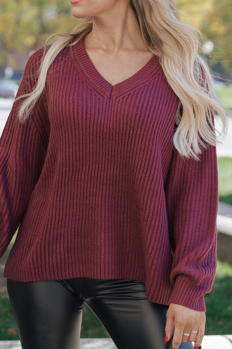 The Chunky Wine Ribbed V Neck Sweater - Magnolia Boutique