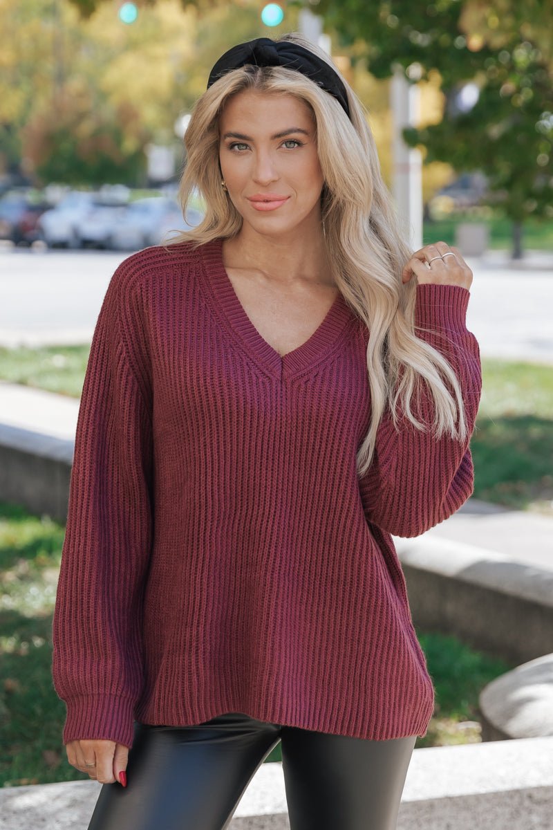The Chunky Wine Ribbed V Neck Sweater - Magnolia Boutique