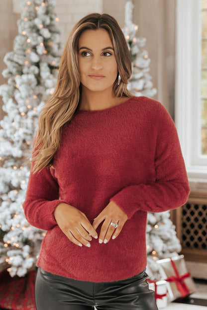 The Fuzzy Boat Neck Sweater - Burgundy - Magnolia Boutique