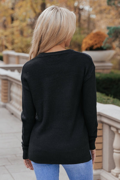 The Mini Waffle Texture Ribbed Knit Sweater - Black - Magnolia Boutique