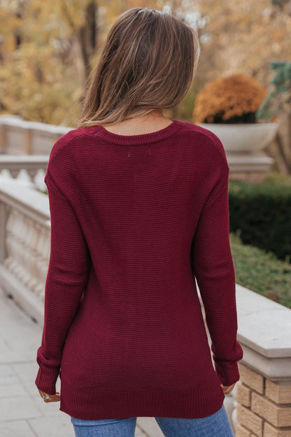 The Mini Waffle Texture Ribbed Knit Sweater - Wine - Magnolia Boutique