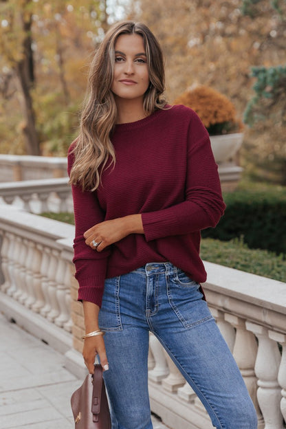 The Mini Waffle Texture Ribbed Knit Sweater - Wine - Magnolia Boutique