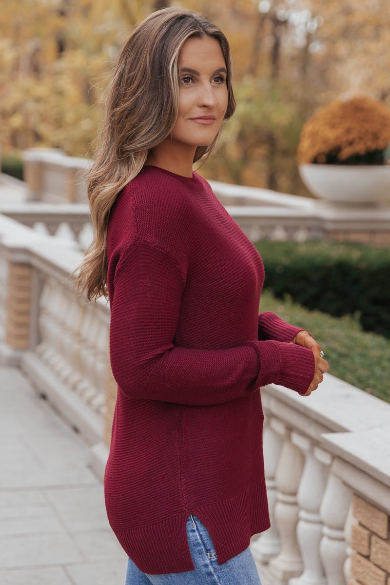 The Mini Waffle Texture Ribbed Knit Sweater - Wine - Magnolia Boutique