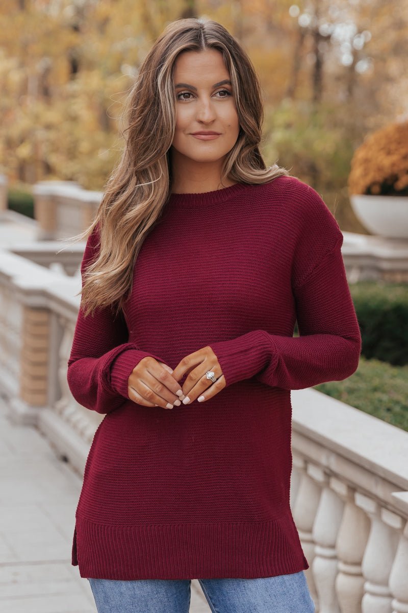 The Mini Waffle Texture Ribbed Knit Sweater - Wine - Magnolia Boutique