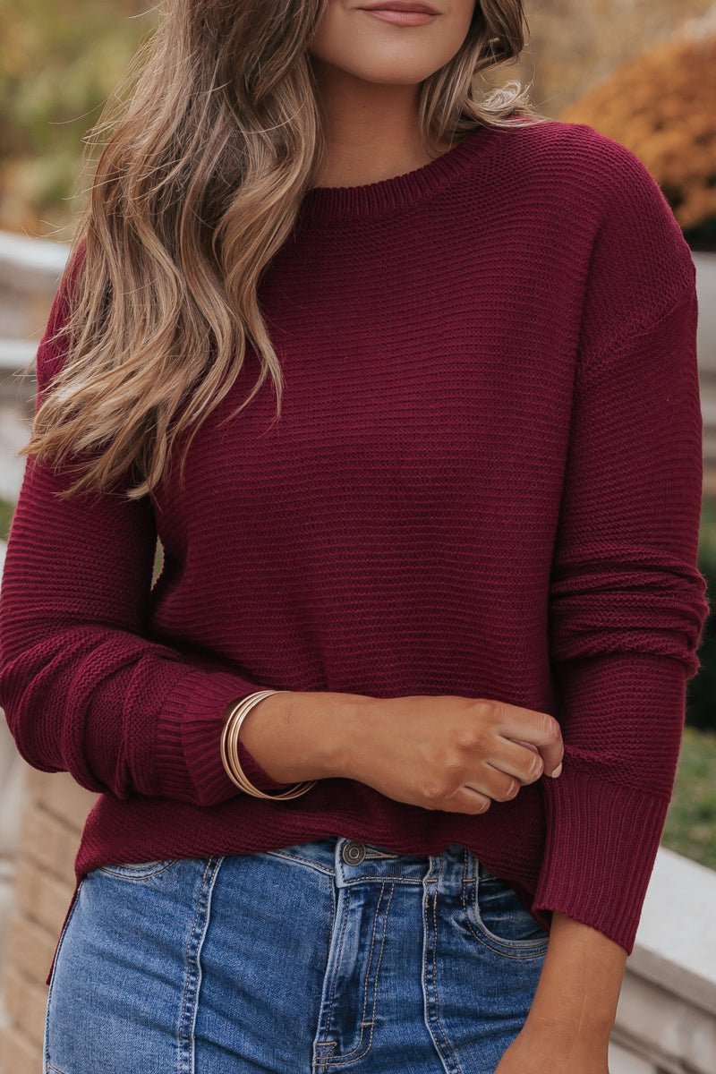 The Mini Waffle Texture Ribbed Knit Sweater - Wine - Magnolia Boutique