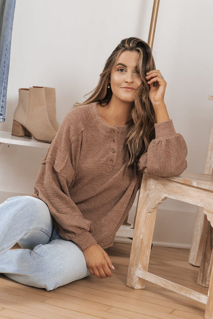 The Relaxed Brown Rib Knit Henley Top - Magnolia Boutique