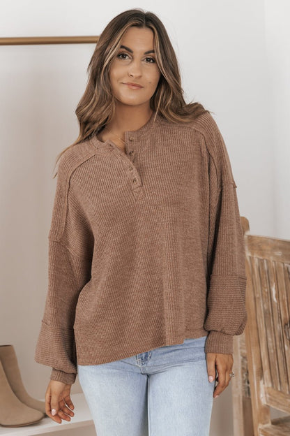 The Relaxed Brown Rib Knit Henley Top - Magnolia Boutique