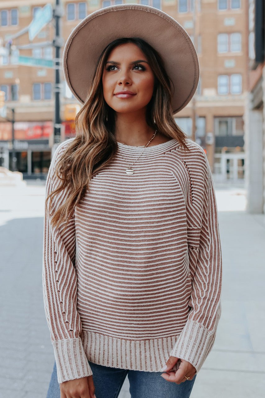 Two Tone Boatneck Camel Ribbed Sweater - Magnolia Boutique
