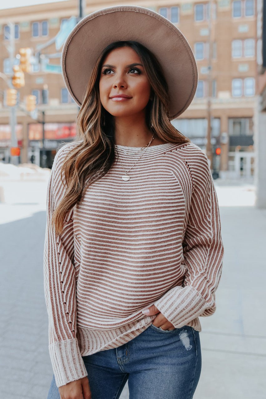 Two Tone Boatneck Camel Ribbed Sweater - Magnolia Boutique