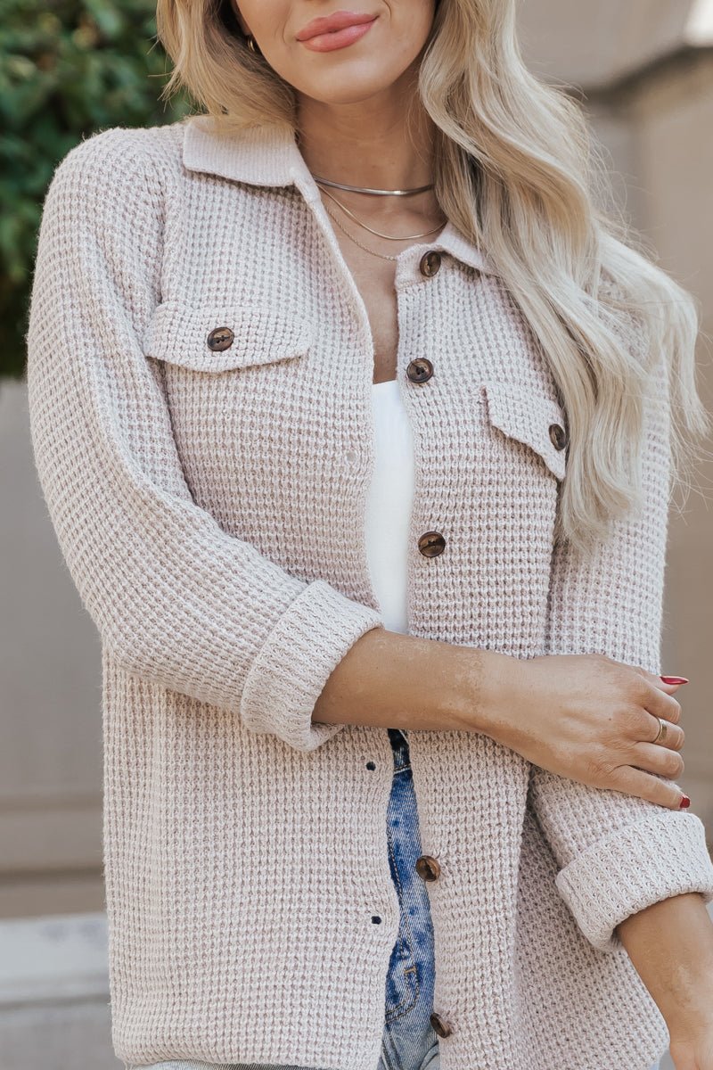 Waffle Textured Button Down Jacket - Taupe - Magnolia Boutique