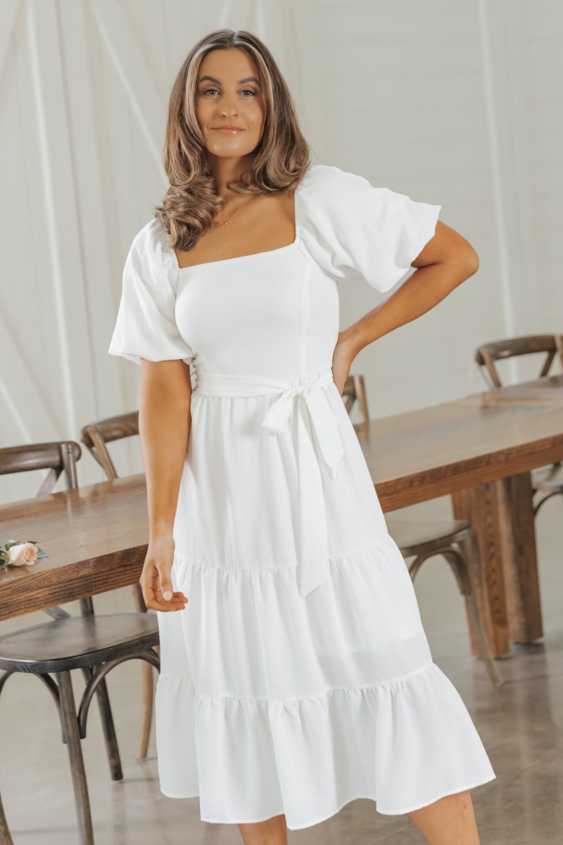 White Balloon Sleeve Tiered Midi Dress - Magnolia Boutique