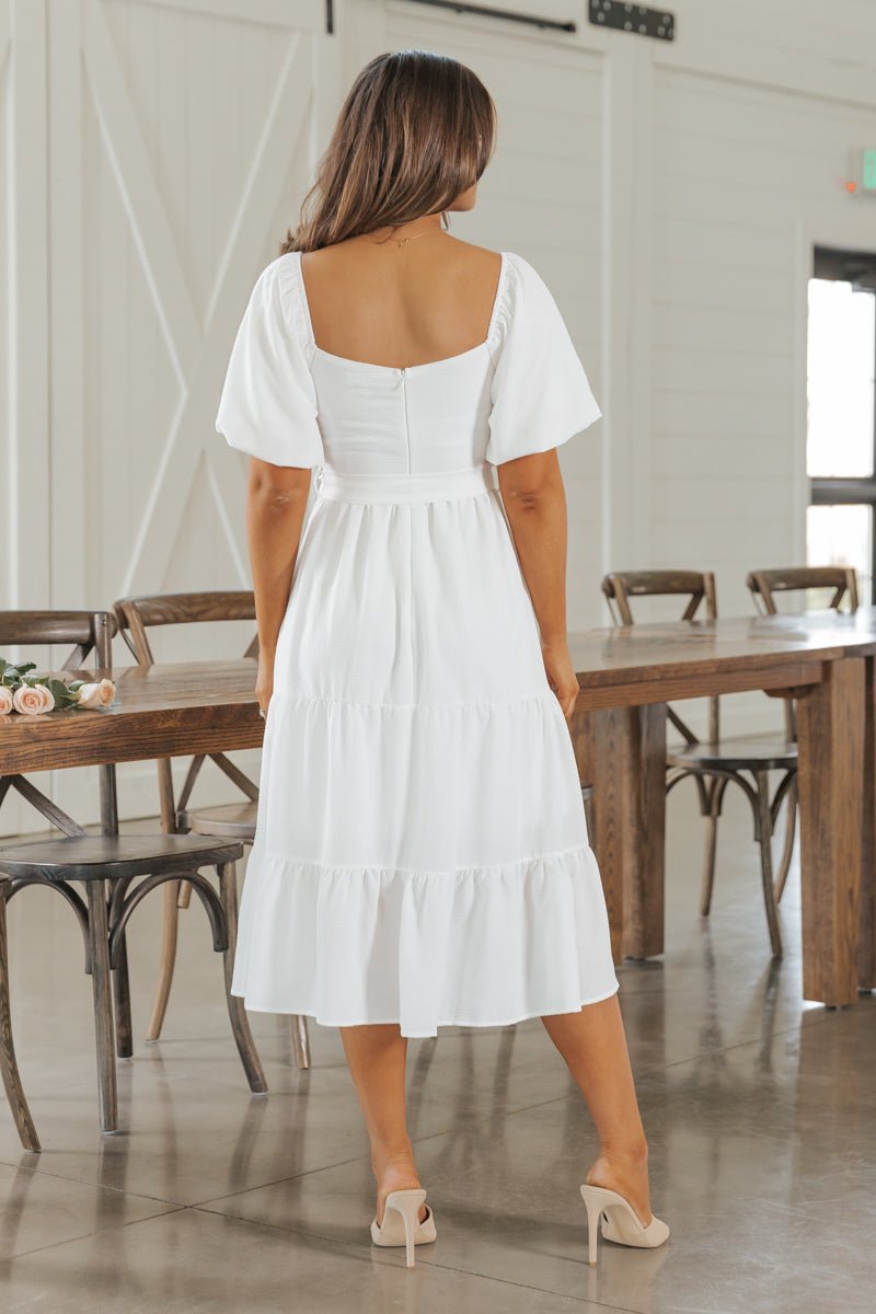 White Balloon Sleeve Tiered Midi Dress - Magnolia Boutique