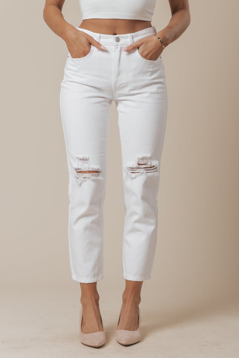 White Destroyed Slim Straight Jeans - Magnolia Boutique