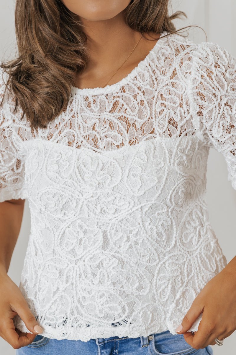 White Flutter Sleeve Lace Detail Top - Magnolia Boutique