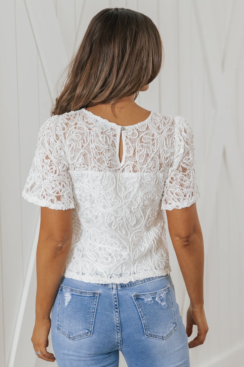 White Flutter Sleeve Lace Detail Top - Magnolia Boutique