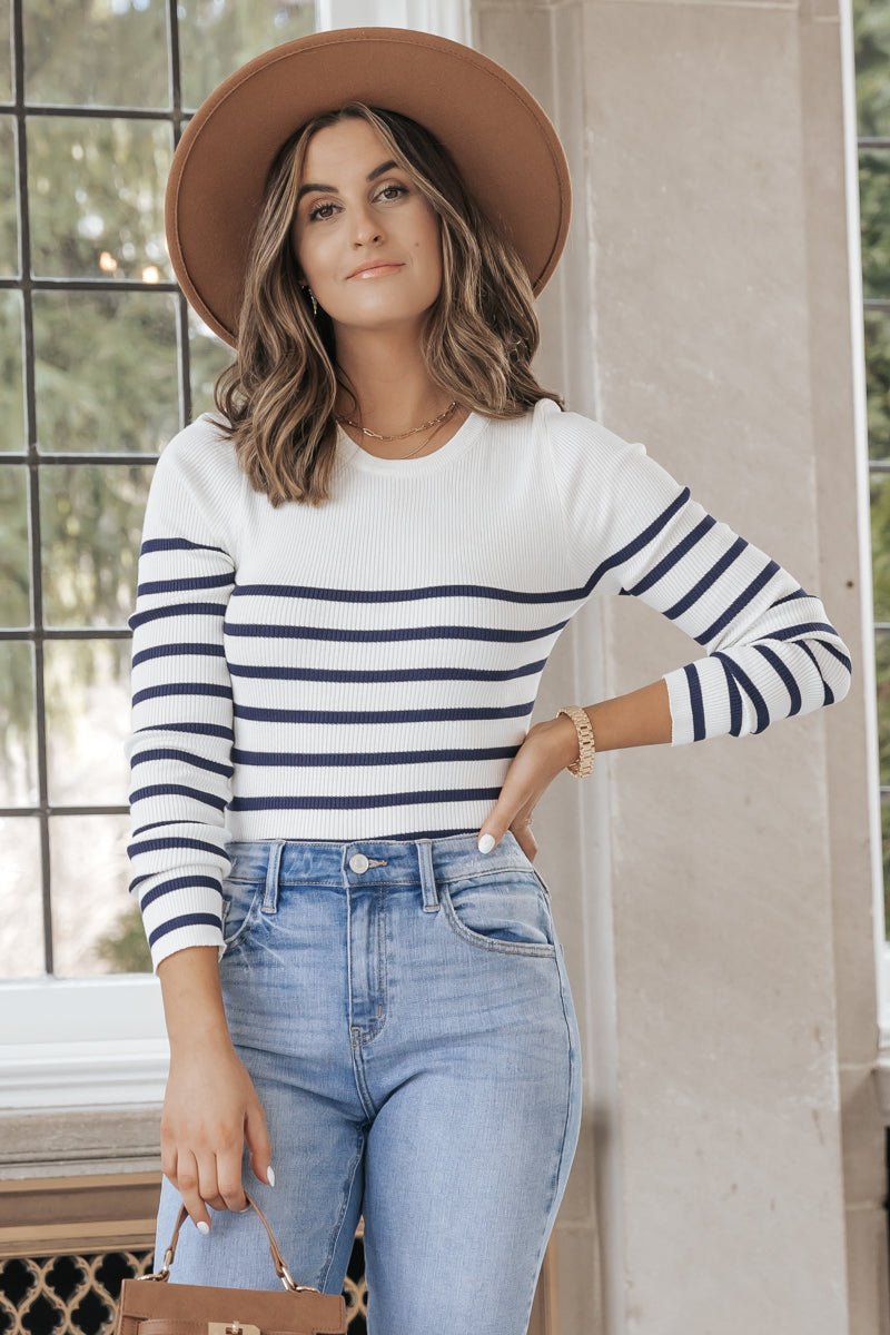 White Long Sleeve Striped Top - Magnolia Boutique