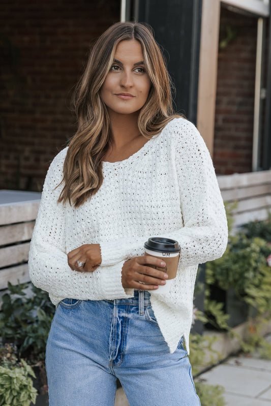 White Long Sleeve Textured Sweater - Magnolia Boutique
