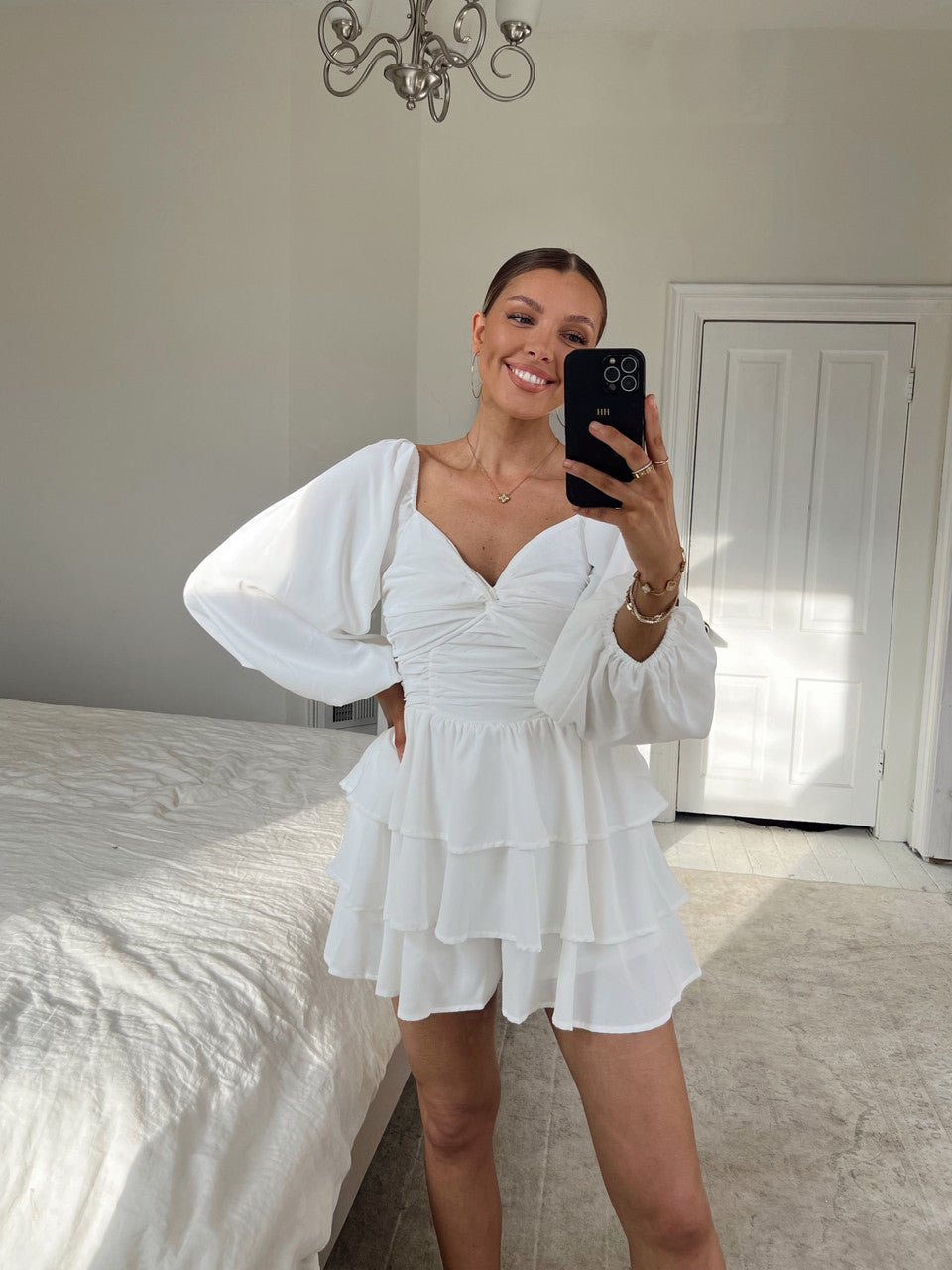White Long Sleeve Tiered Romper - FINAL SALE - Magnolia Boutique