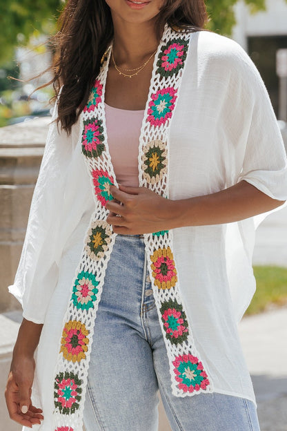 White Multi Color Crochet Open Kimono - Magnolia Boutique