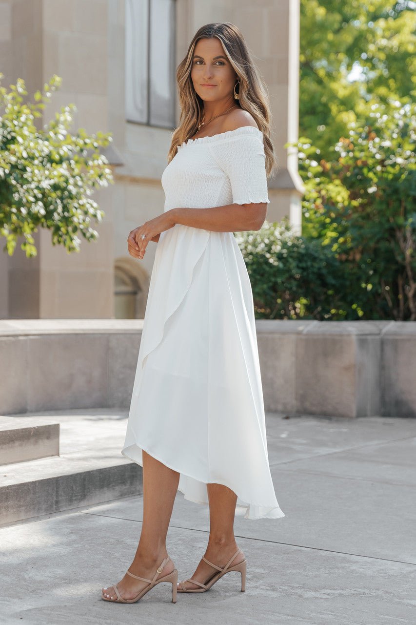 White Smocked Off The Shoulder Midi Dress - Magnolia Boutique