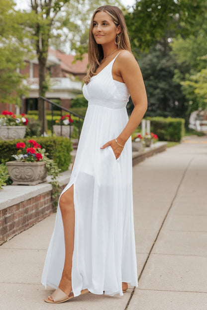 White Smocked Slit Maxi Dress-FINAL SALE - Magnolia Boutique