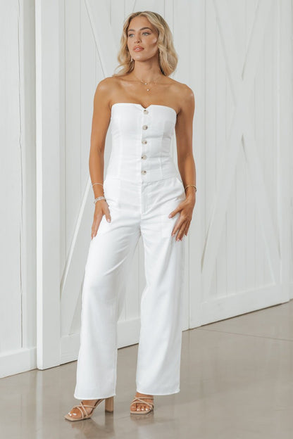 White Strapless Button Down Jumpsuit - Magnolia Boutique