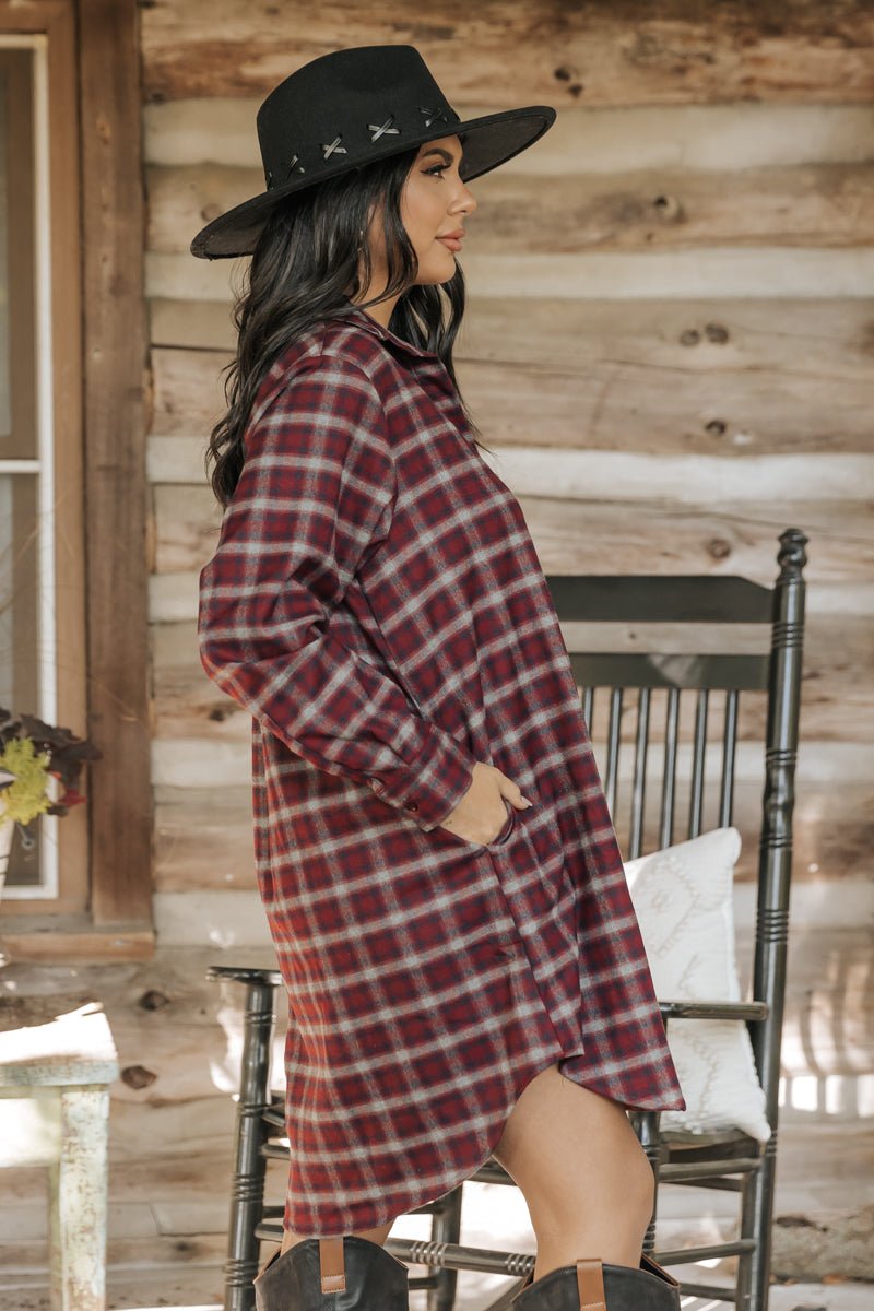 Wine Long Sleeve Plaid Shirt Dress Magnolia Boutique