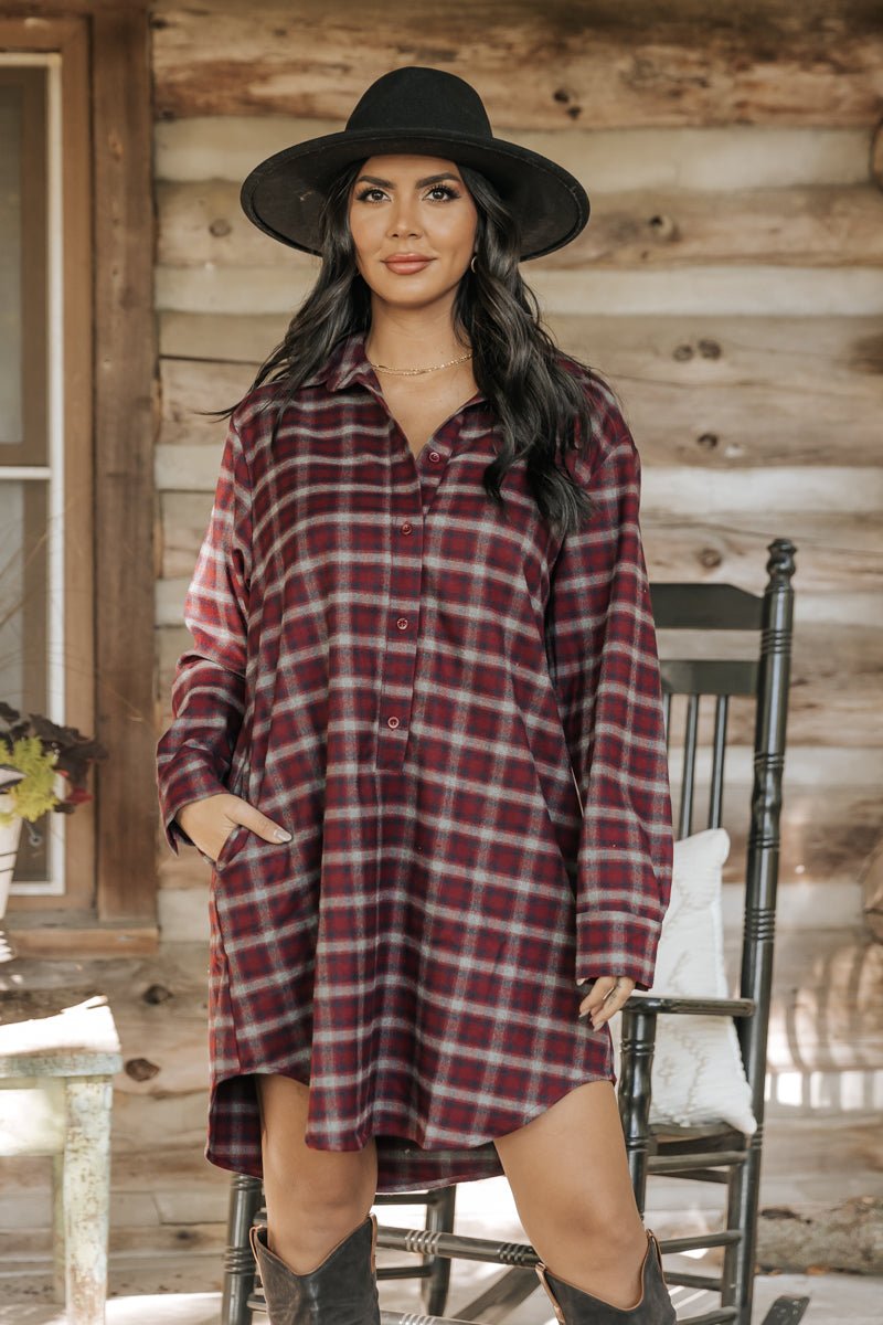 Plaid button shop down dress