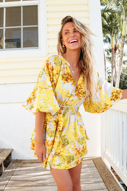 Yellow Printed Smocked Romper - Magnolia Boutique